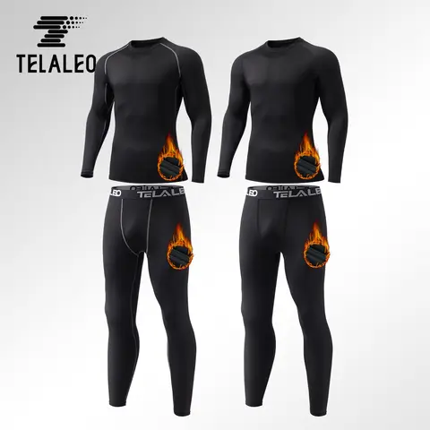 TELALEO Men's 4-Pcs Solid Normal Type Thermal Lined Crew Neck Polyester Fleece Base Layer Set - Long Sleeve Activewear Shirt & Full Length Long Johns, Athletic Underwear for Sports,outdoorfun