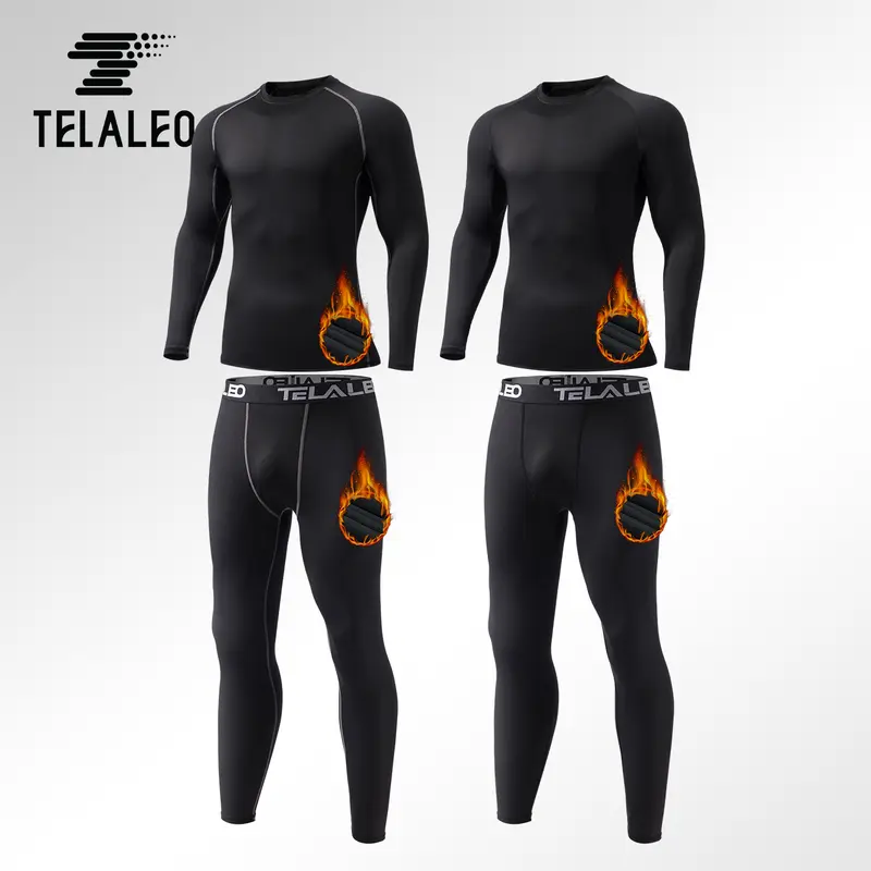 TELALEO Men's 4-Pcs Solid Normal Type Thermal Lined Crew Neck Polyester Fleece Base Layer Set - Long Sleeve Activewear Shirt & Full Length Long Johns, Athletic Underwear for Sports,outdoorfun