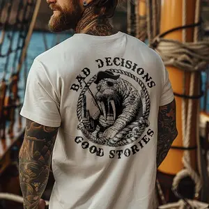 Bad Decisions Good Stories Graphic Tee – Funny Walrus Pirate Shirt for Men, Humor Shirts Men, Vintage Oversized Tshirt Men, Party Shirt Trend