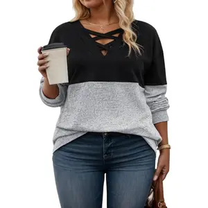 Womens Plus-Size Sweatshirts Casual Color Block fall Long Sleeve Tops Oversized Trendy Criss Cross V Neck Shirts XL-5XL RPS2170