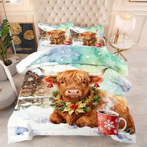 Christmas Highland Cow pattern quilt with cotton, includes 1 quilt and 1 or 2 core-free pillowcases, suitable for home or dormitory decoration use, very suitable Christmas gift