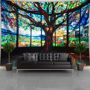 1 Piece Oversized Stained Glass Tree of Life Mandala Tapestry-High Grade Polyester Material, Wrinkle Resistant and Durable, Hand-Stitched Edge, Including Free Hanging Clip, Suitable for Living Room, Bedroom, Office, dormitory Decoration-Birthday Gifts & P