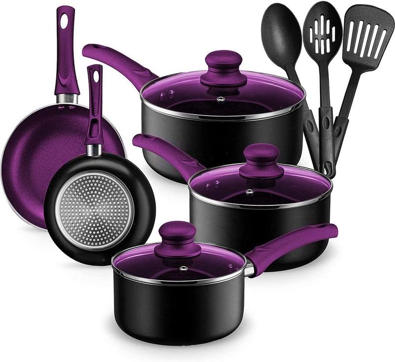 Pots And Pans Set Kitchen Cookware Sets Nonstick Aluminum Cooking Essentials 11 count Purple
