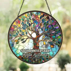Personalized Tree of Life 50th Anniversary Gifts, Tree of Life Glass Suncatcher, Golden Anniversary Suncatcher, Anniversary Gift For Parents, Gift for Family