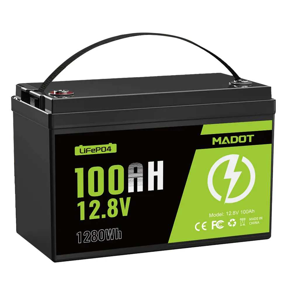 MADOT 12V 100Ah LiFePO4 Lithium Battery, Deep Cycle Solar Battery Built-in BMS, 1280Wh Power, 5000 Cycles for RV, Marine, Trolling Motor, Marine, and Off-Grid System, Solar Use