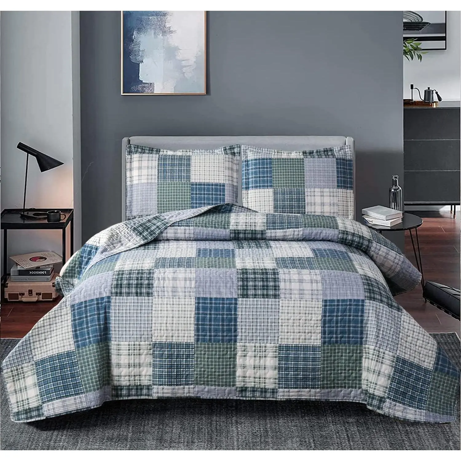 Plaid Quilt Set  Size Patchwork Quilts Bedding Plaid Reversible Bedspread Coverlet Soft Lightweight Bed Cover Set All-Season, 1 Quilt with 2 Pillow Shams