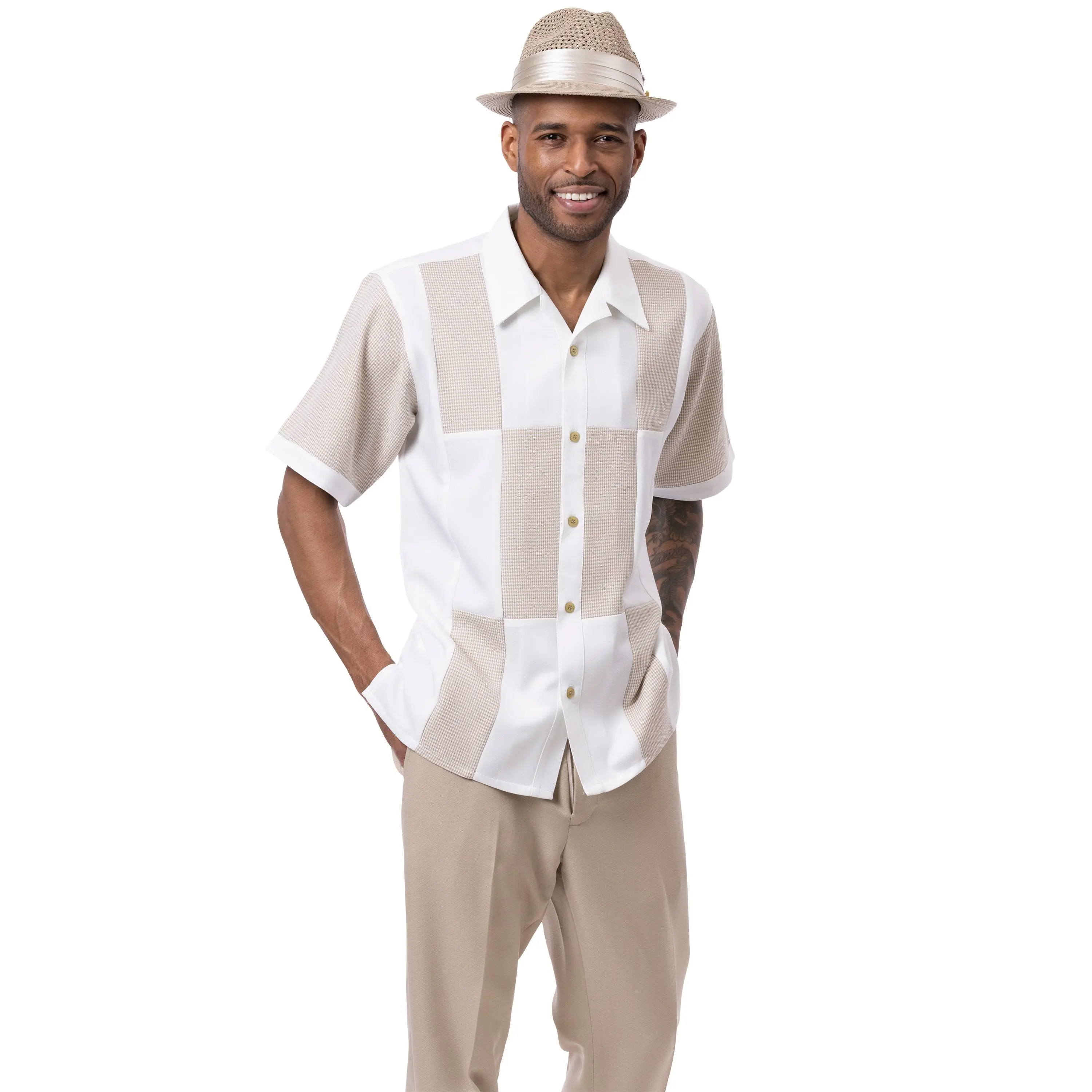 Montique Khaki Houndstooth Color Block Walking Suit
