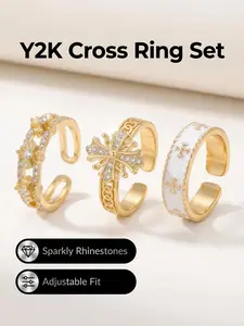 Cross Element Open Ring Set, 3-Piece Summer Retro Fashion Jewelry, Elegant Geometric Design, Perfect for Daily Wear and Parties