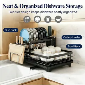 2 Tier Stainless Steel Dish Drying Rack with Auto-Draining Drainboard, Utensil Holder, Detachable & Space Saving Kitchen Counter Organizer, (Black),Chaos Coordinator Gifts