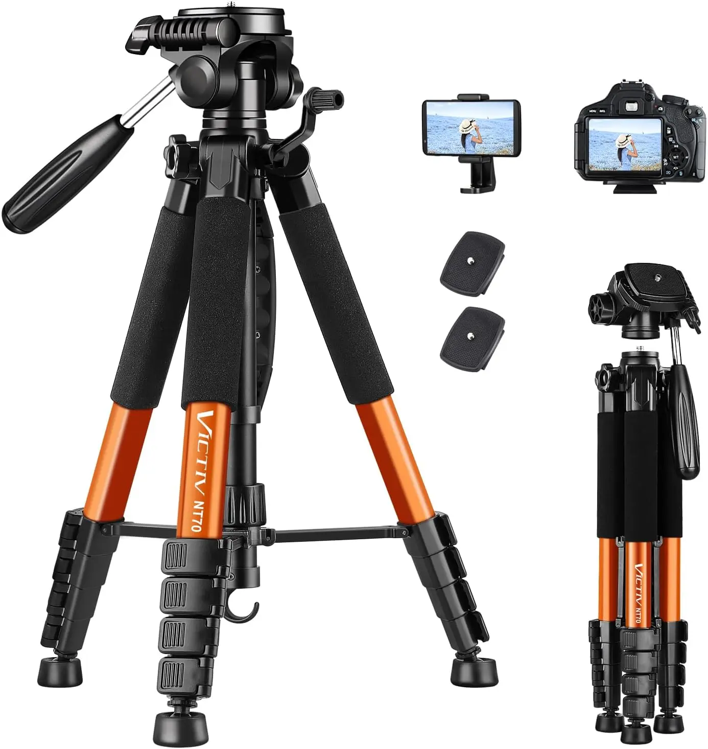 74” Camera Tripod, Phone Tripod for iPhone with Phone Holder, Orange | Aluminum Professional Heavy Duty Camera Tripod Stand, Tall Tripod for DSLR with Carry Bag, Compatible with Canon Nikon iPhone