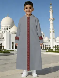 Kids Gray Ethnic Embroidered Trim Hooded Long Robe, Ramadan Special Muslim Boys Jubba