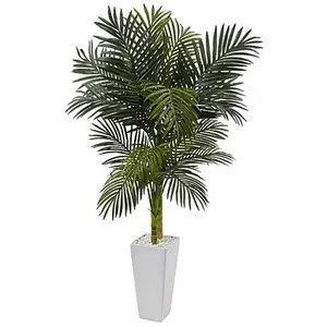 Nearly Natural 5 ft. Golden Cane Palm Tree in White Tower Planter