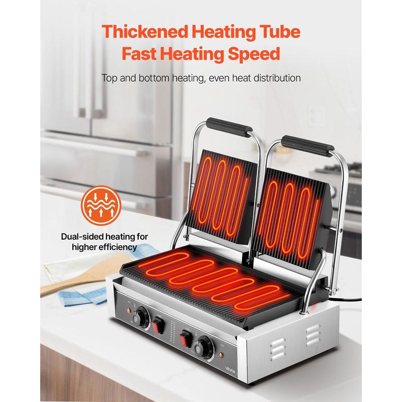 Commercial Panini Grill, 3600W Electric Sandwich Panini Maker, Stainless Steel Double Sandwichs Press with Handle and Temp Control, 19x9 in Full Grooved Enamel Plate, for Hamburger Steak Bacon