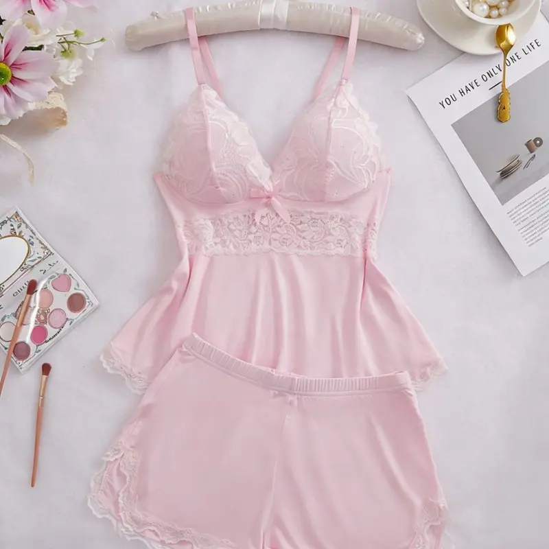 Women's Solid Color Lace Trim Cami Top & Shorts Pyjama Two-piece Set,Casual Comfy Soft Elegance Camisole & Shorts PJ Set Pajamas, Women's Sleepwear & Loungewear Homewear Drawstring Drawstring