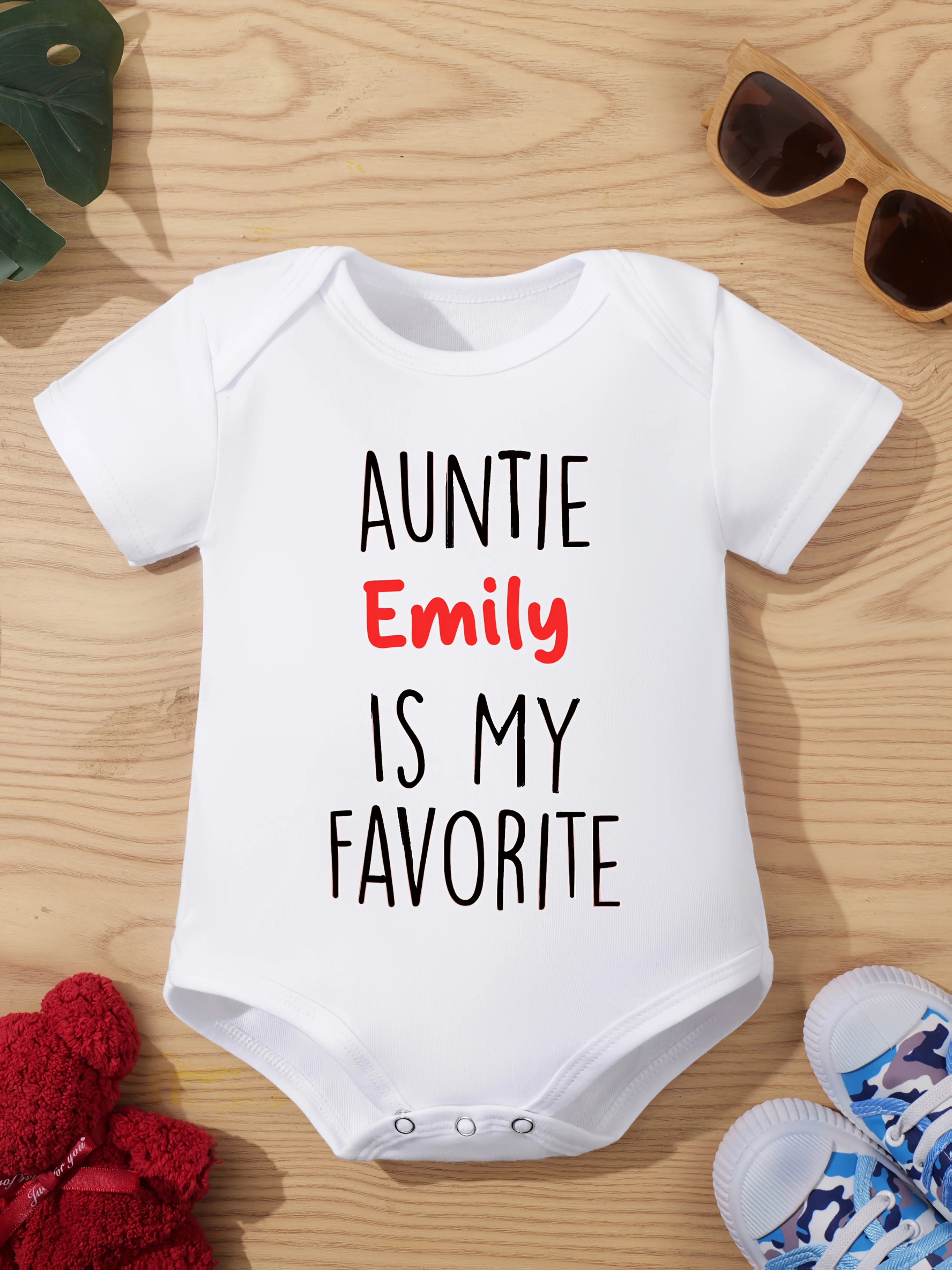 Auntie Is My Favorite Custom Name Baby Onesie Hand Letter Two Tone Red Black Text Short Sleeve Cotton White Gender Neutral Infant Bodysuit