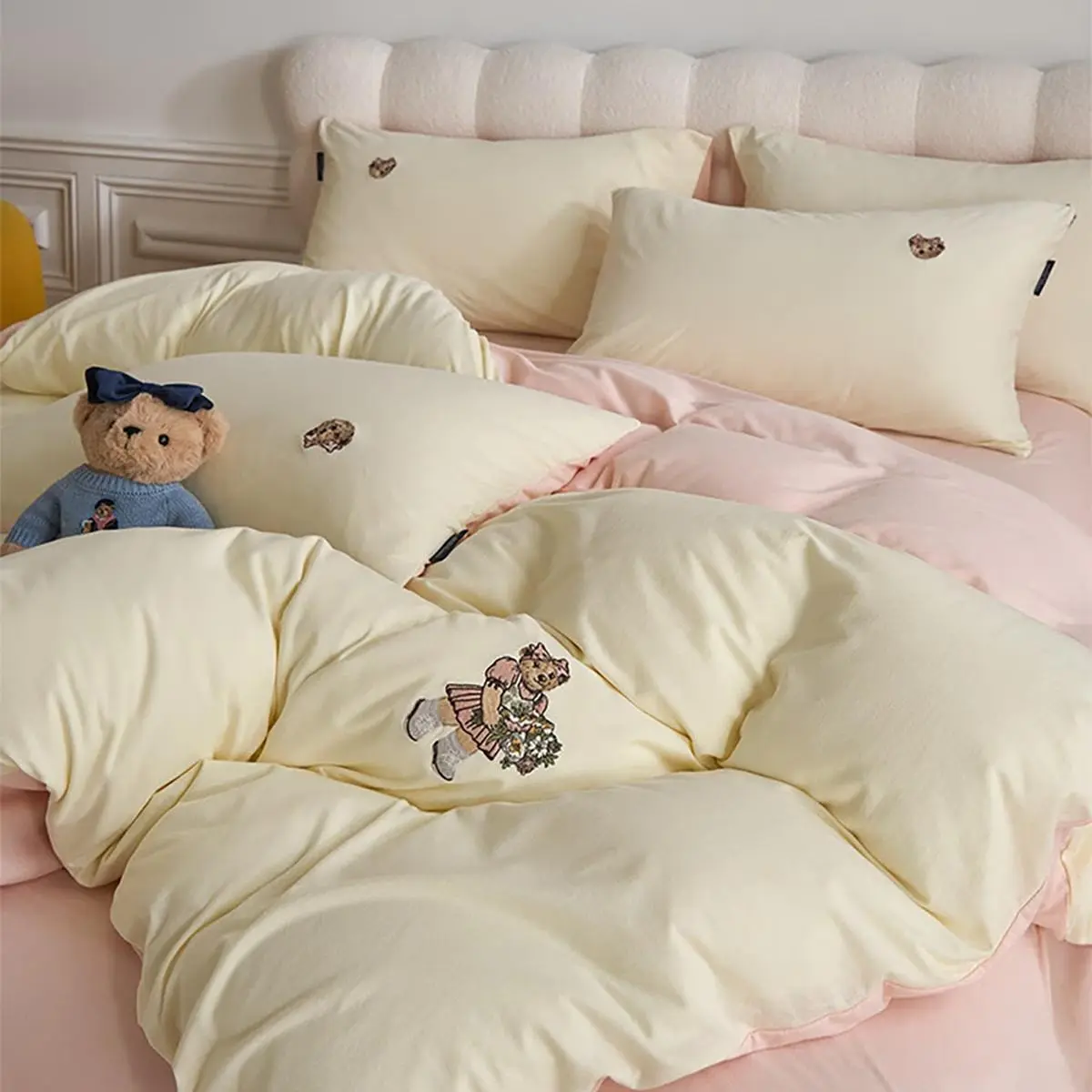 Teenie Weenie 32S Cotton Knit Bedding Set - Soft & Cozy 1.8m Sheet Style for 200x230cm Duvet, Pastel Yellow & Peach Pink
