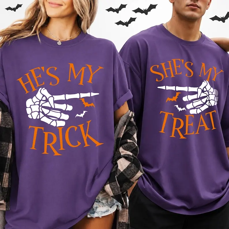 Comfort Colors He's My Trick She's My Treat Couple Halloween T-Shirts, Matching Couples Ghost Tee, Couples Halloween Tee, Couples Spooky Season, Spooky Couples Tee, Matching Halloween Shirt, Full Size, Full Color