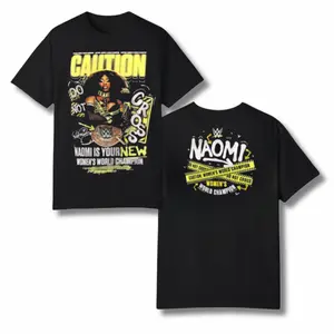Naomi "Women's World Champion" T-Shirt – WWE Graphic Tee with "Caution Do Not Cross" Tape and Naomi's Image, for Wrestling Fans, 2 Sides.