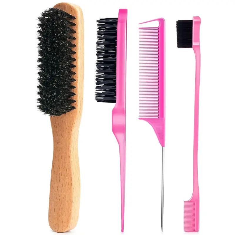 Goiple Boar Bristle Detangling Brush & Comb Set - Natural Bristle Grooming Edge Styler, Anti-Frizz Slick Back Hair Tool, Complete Hair Care Accessory for Women