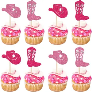24 PCS Cowboy Cupcake Toppers Glitter Cowboy Hats Boots Cupcake Picks Cowboy Party Cupcake Decorations for Western Theme Baby Shower Boys Birthday Party Cake Decorations Supplies Rose Red Pink