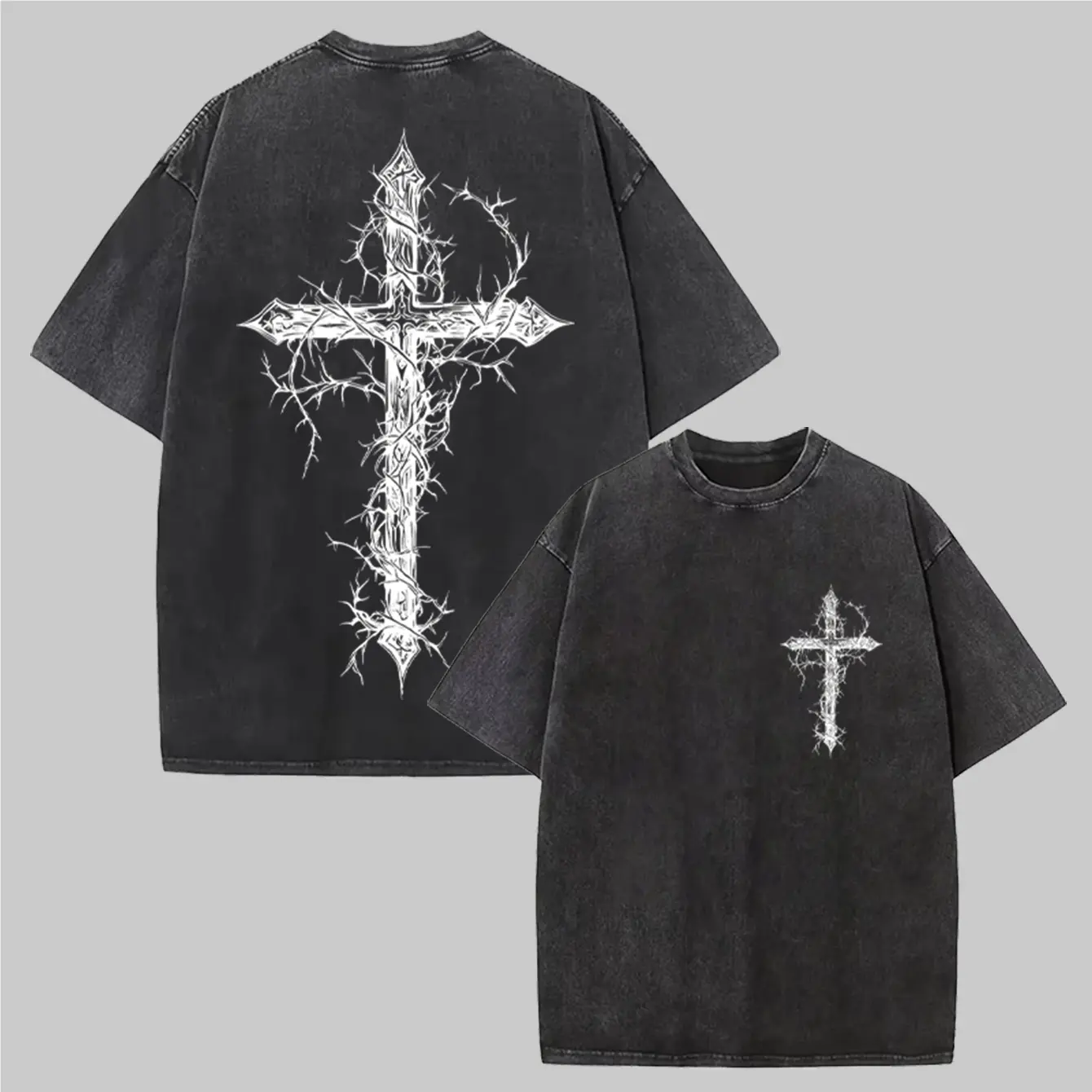 Thorn Cross Gothic Cross T-shirt Washed Bible Cross Art T-shirt Jesus T-shirt, Cross T-shirt, Christian Clothing Street Wear Men's Super Large Top Men's and Women's Bible Scripture Church Wear Fitness Pump Cover Shirt Summer clothing, streetwear