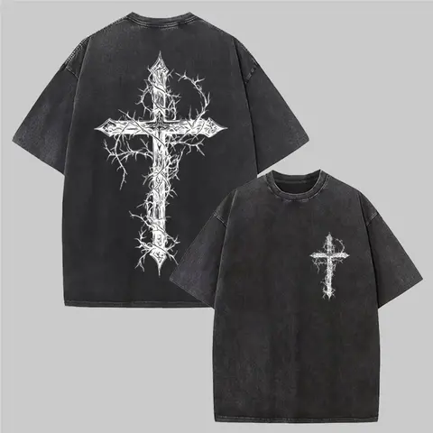 Men's Distressed Gothic Thorn Cross Bible Art Graphic T-Shirt - Crew Neck (Round Neck), Short-Sleeve, Casual Streetwear, Christmas Festive, All Seasons, Vintage Unisex Church Fitness Pump Cover Top (Multi-Size)