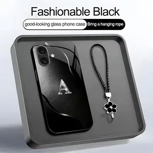 Black Wave Art 26 letter Phone Case, Suitable for [iPhone 16 Plus] high-end women's, Lanyard a beautiful four-leaf clover lanyard is included🍀 952