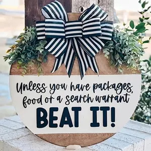 Funny Front Door Hanging Sign – Rustic “Unless You Have Packages, Food or Search Warrant, BEAT IT!” Welcome Door Decor with Bow & Greenery for Porch Entryway