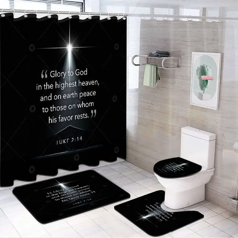 Religious Inspirational Shower Curtain Set, Bathroom Accessory, Bathroom Decoration Accessories, Home Goods, with God All Things Are Possible, Includes 12 Plastic Hooks, Non-Slip Mat, Toilet Lid Cover