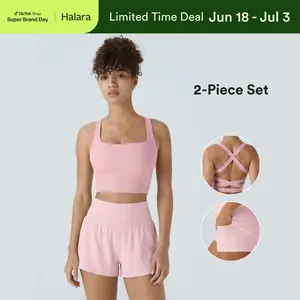 【Creator’s Pick】Halara 2-piece SoftlyZero Airy Square Neck Backless Crisscross Cropped Cool Touch Yoga Tank Top-UPF50+ & Super High Waisted Cool Touch Yoga Shorts with Pockets Set