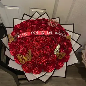 Feliz Dia de las Madres Red Roses Bouquet with Gold Butterflies and Crown for Mother's Day Gift