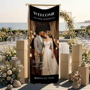 COLLECTION - Custom Photo Wedding Welcome Sign, Personalized Couple Picture Linen Banner, Modern Black Fabric Wedding Backdrop