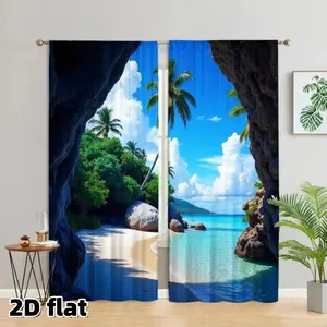 2D Flat 2Pcs Tropical Beach Paradise Curtains, Cave View Ocean Scenery, Palm Trees Island Print, Rod Pocket Design, Semi Sheer Polyester, for Living Room Bedroom Balcony Kitchen Window Decoration, Coastal Themed Home Decor, Easy to Clean