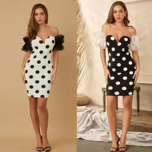 PUFFED TRIM OFF SHOULDER TRIM POLKA DOT DRESS - PUFFED UP OFF SHOULDER TRIM RUFFLE DETAIL/POLKA DOT