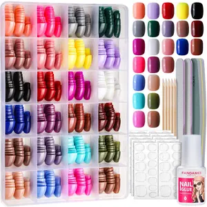 Press on Nails Short, 24 Packs 576PCS Short Round Press on Nails, 24 Glossy Color Small Fake Glue on Nails with 7g Nail Glue, 24 Color False Nail for Small Nails and hands