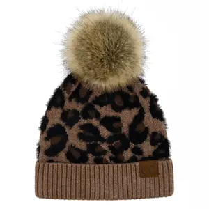 CC Leopard Print Soft Beanie Hat with Fur Pom - Stylish Winter Warmth for Outdoor Fashion Beanie (HAT-7001)(HAT2061)
