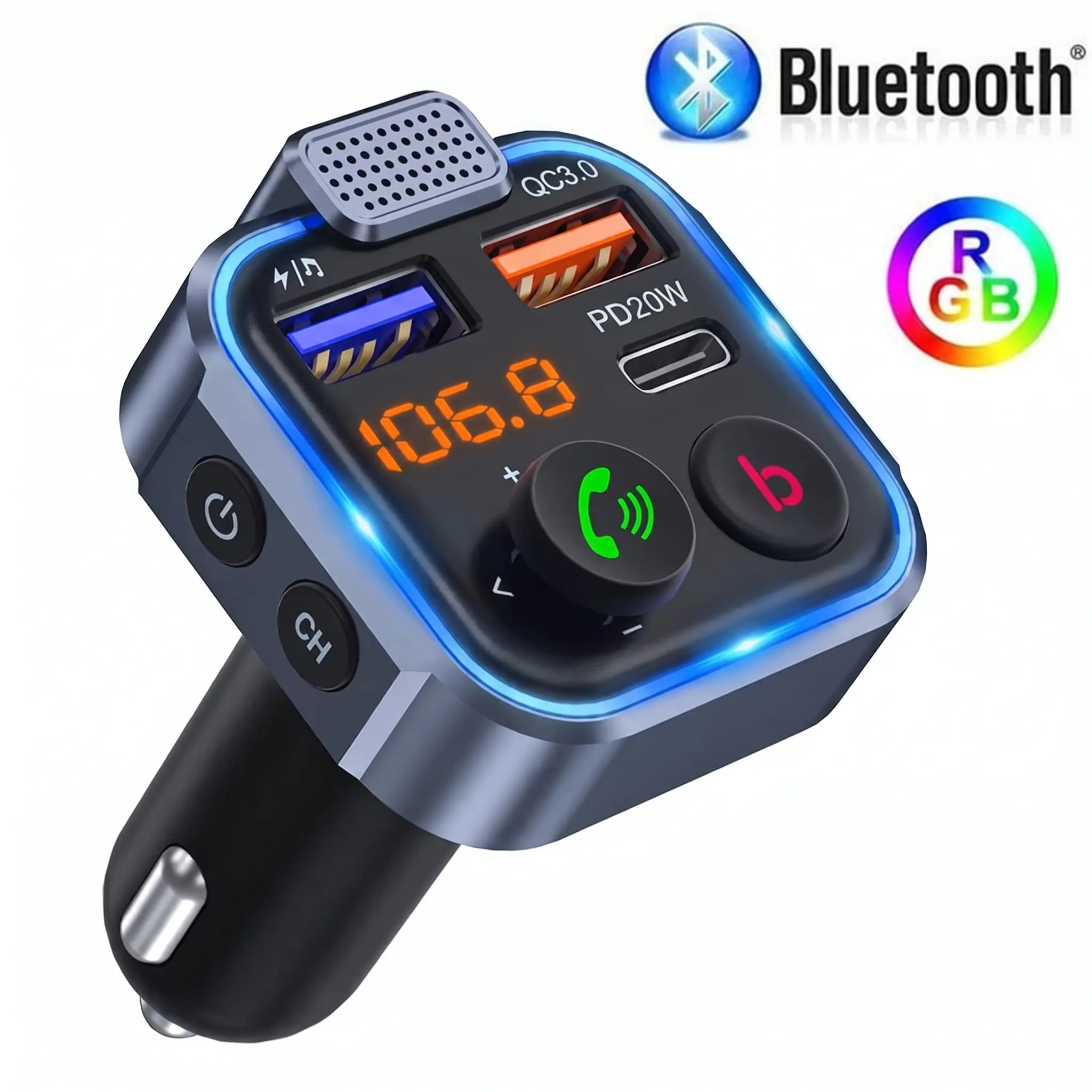 Car FM Transmitter Bluetooth 5.3 Car Adapter, With 3 Charging Ports, Wireless Radio  Microphone Deep Bass Player, Color LED Backlight, Hands-Free Calling, Bass Sound Enhancer, Car Accessories & Road Trip Essentials