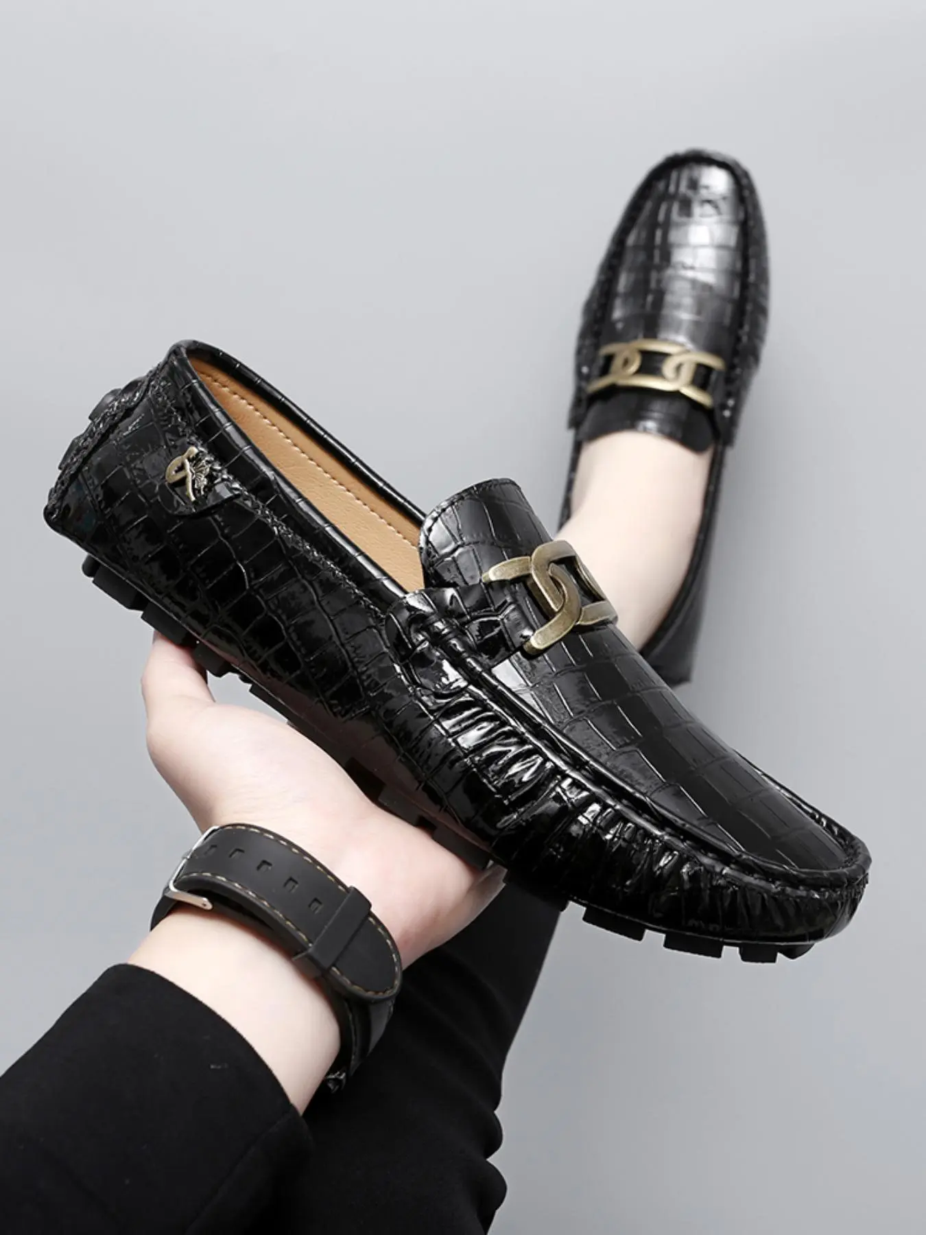 Men's Fashionable Crocodile Embossed Slip-on Loafers, Casual Comfortable Breathable Chain Decor Flat Shoes for Daily Wear, Lightweight Breathable PU Leather Shoes for Men, Boy, Pu Leather Footwear