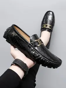 Men's Fashionable Crocodile Embossed Slip-on Loafers, Casual Comfortable Breathable Chain Decor Flat Shoes for Daily Wear, Lightweight Breathable PU Leather Shoes for Men, Boy