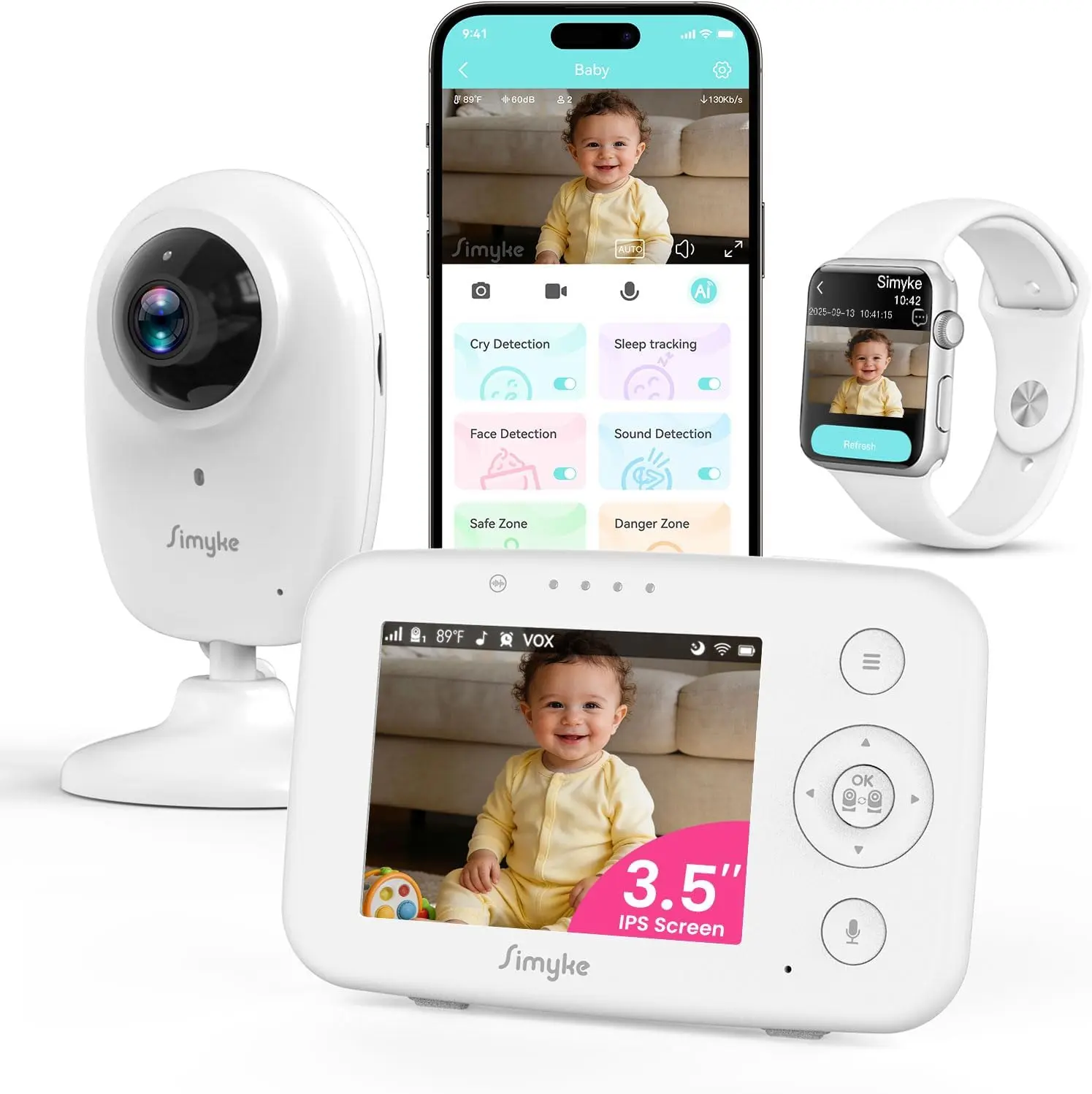 Simyke Baby Monitor with Camera - 3.5" Parent Screen & App, No WiFi 1080P HD Security Camera, 1500ft Long Range, AI Motion Detection, 2-Way Audio, Night Vision, Micro SD/Cloud Storage, Danger Zone Alert, 14hrs Battery, for Parents & 0-3 Months Infants