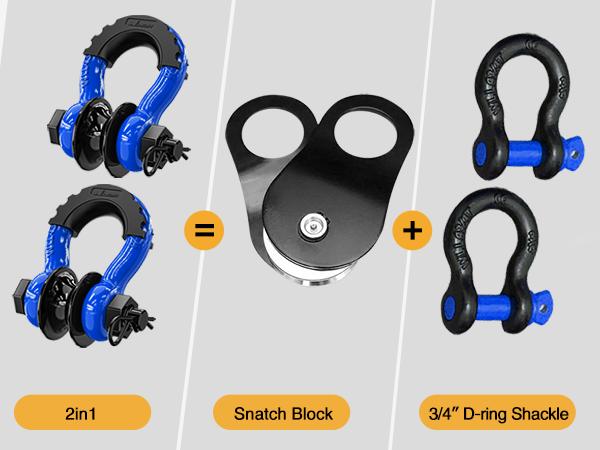 Nilight 3/4" D Ring Shackle with Towing Pulley 2 Pack 4.75 Ton (9500 Lbs) 7/8" Pin Heavy Duty Off Road Recovery Shackle with Isolators Washer Kit for Jeep Truck Tractor Vehicle ATV UTV Winch Strap Hook Synthetic Winch Rope Adjustable Ropes Black