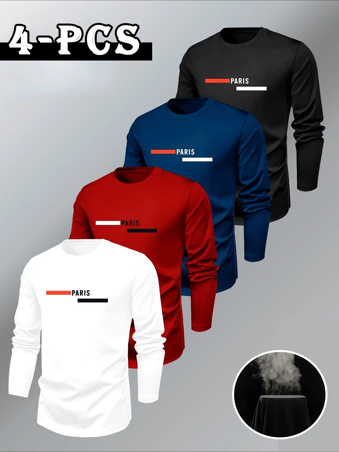 4-Pack Men's Fashion Long Sleeve T-Shirts, Set, Top, Paris Print, Comfortable Home Wear, Breathable Fabric, Loose Casual Style, Ideal for All Seasons