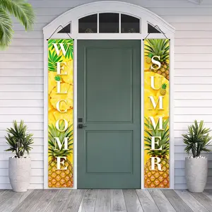 2D flat banner, Hello Summer Pineapple Porch Banner 2PCS 71 x 12 inches Welcome Tropical Leaves Porch Banner Sign Spring Hanging Pool Party Door Banners Hawaii Tropical...