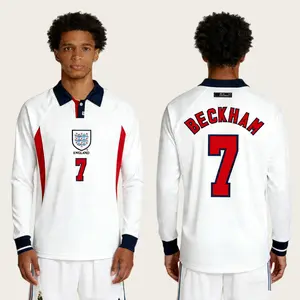1998 England Red and White Home No. 7 David Beckham Long Sleeve Soccer Jersey Quick Drying