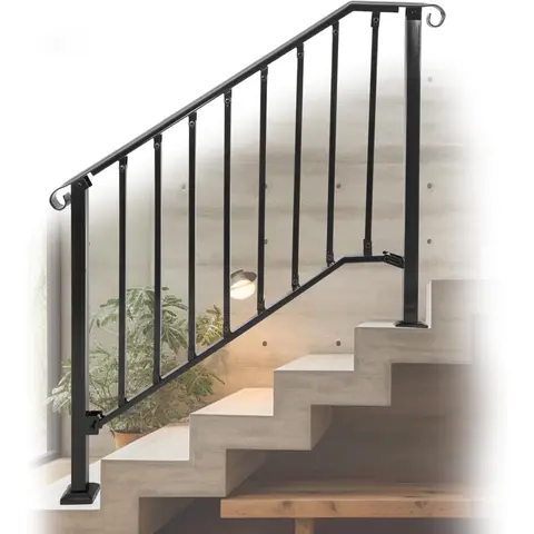 4-5 Step Hand Rail, Handrails for Outdoor Steps, 4-5 Steps Adjustable Outdoor Garden Railing for Stairs Black Steel Powder Coated Heavy Duty