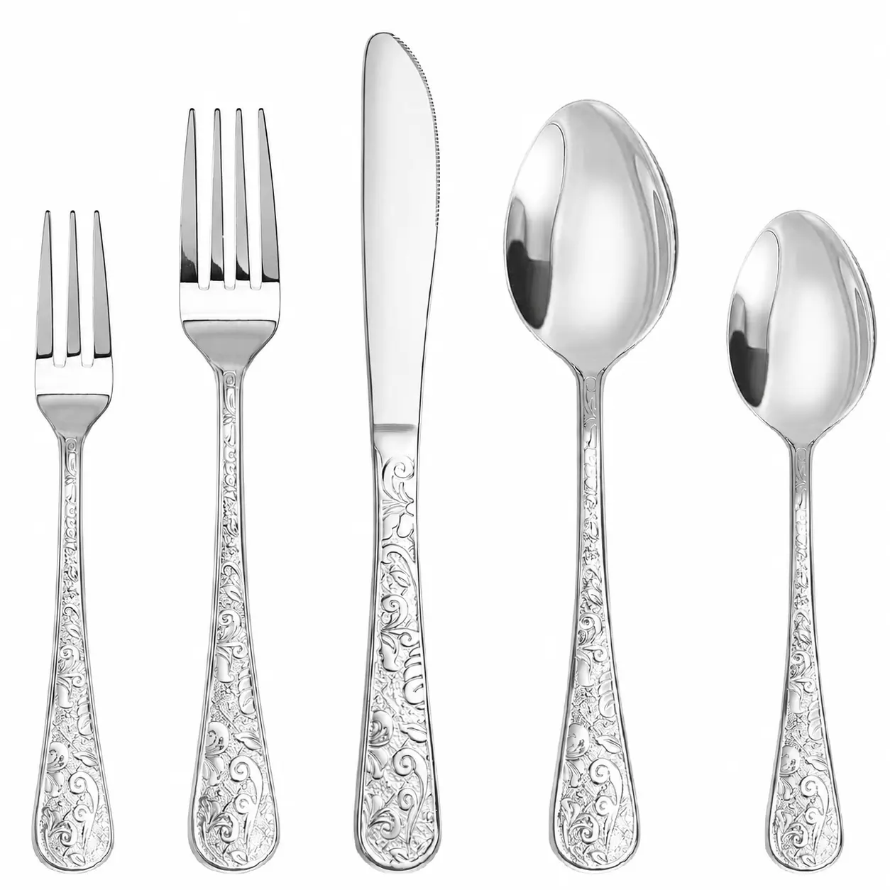 Vintage Floral Embossed Stainless Steel Flatware Set - 20-Piece, Service for 4, Glossy, Well-Balanced Grip, BPA-Free, Heat-Resistant, Comfortable Cutlery for Pasta, Steak, Everyday Dining, Dishwasher Safe for Apartments, Whole Family Use