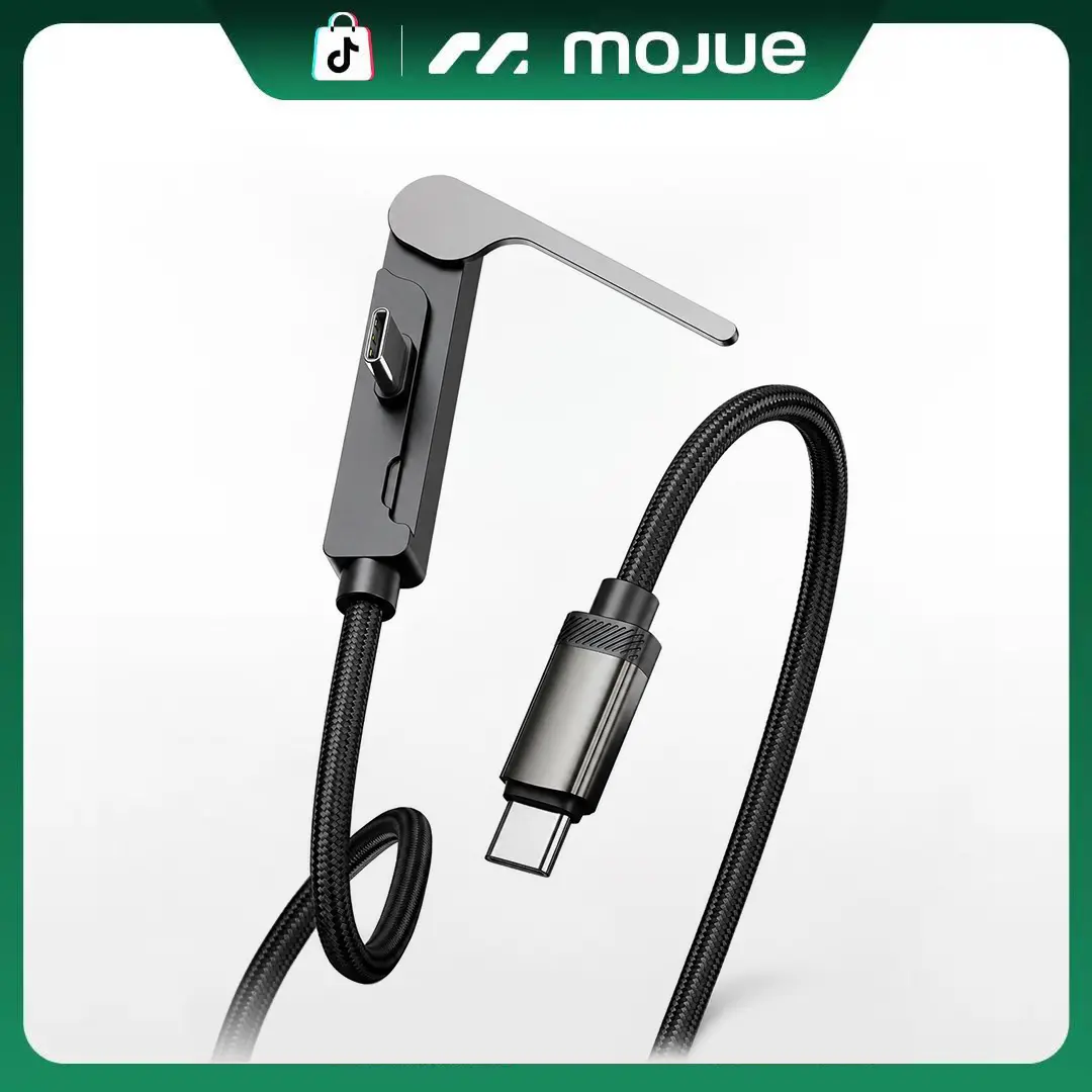 MOJUE 5FT 100W USB-C Charging Cable with Foldable Phone Stand, USB-C or Lightning Option, 90° Right Angle Nylon Braided Data Cable, Built-in Phone Holder for iPhone Series, Tablets, Laptops, Gaming and Travel, Black charger cable invisible