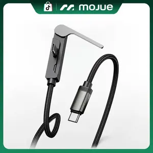 MOJUE 5FT 100W USB-C Charging Cable with Foldable Phone Stand, USB-C or Lightning Option, 90° Right Angle Nylon Braided Data Cable, Built-in Phone Holder for iPhone Series, Tablets, Laptops, Gaming and Travel, Black