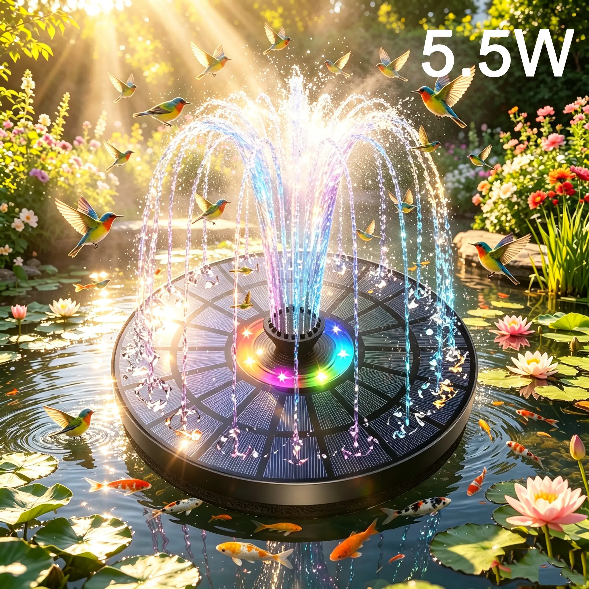 AISITIN 5.5W Solar Fountain Pump for Water Feature with LED Light, Solar Bird Bath Fountain with 6 Nozzles,Solar Powered Water Fountain for Bird Bath Decorative