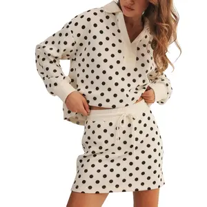 Fisoew Women's 2-Piece Polka Dot Outfit - Adjustable, Breathable, Comfortable Drawstring Fabric Long Sleeve Polo Top & Mini Skirt Casual Loungewear Tracksuit